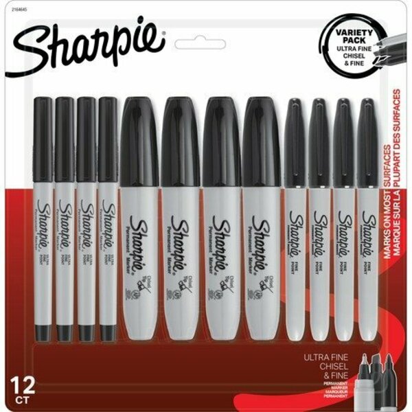 Newell Brands Markers, Permanent, Fine/Ultra-Fine/Chisel, 1BK, 12PK SAN2164645